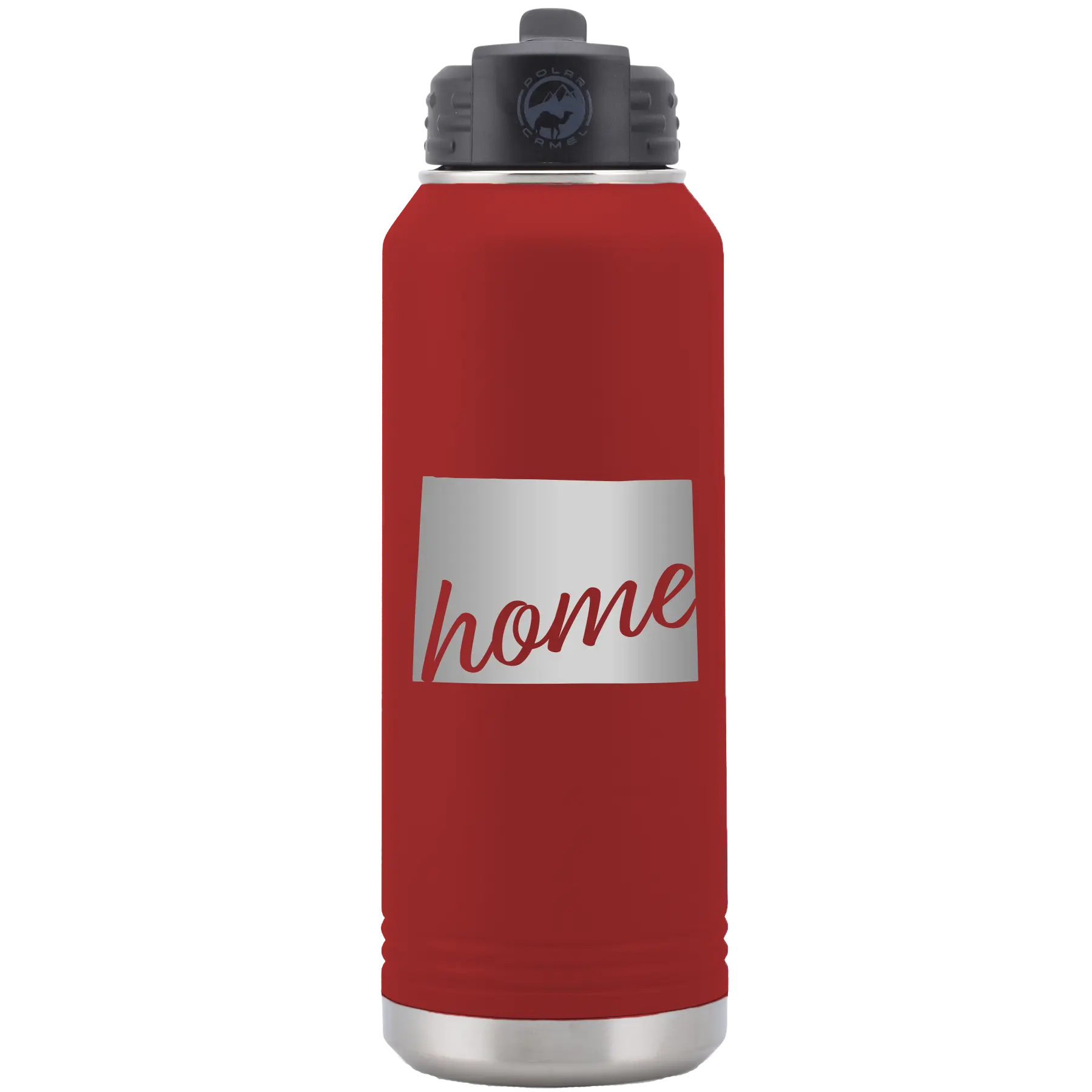 Laser etched maroon 32 oz vacuum insulated water bottle with 'Wyoming Home' design