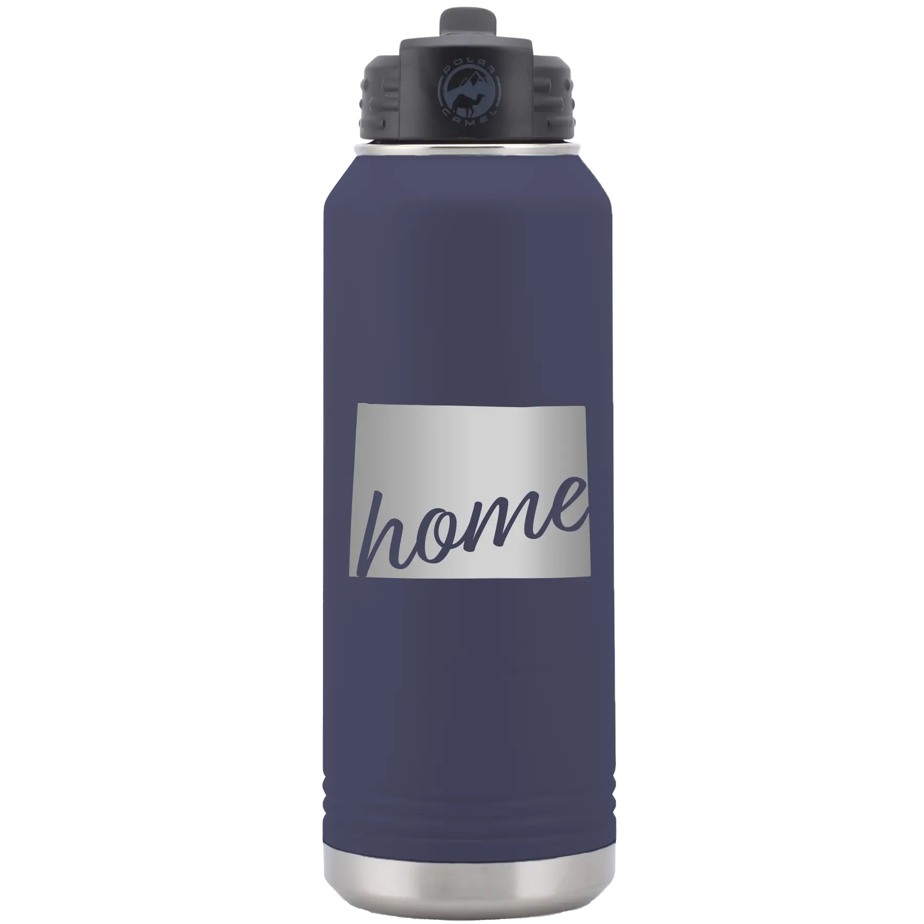 Laser etched navy 32 oz vacuum insulated water bottle with 'Wyoming Home' design