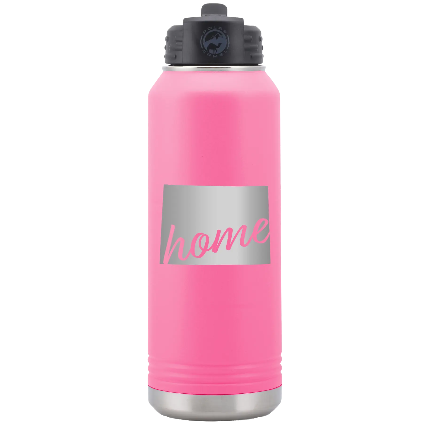 Laser etched pink 32 oz vacuum insulated water bottle with 'Wyoming Home' design