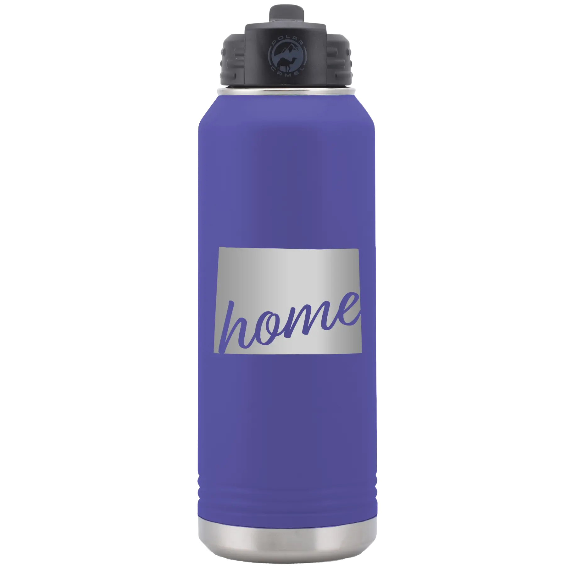 Laser etched purple 32 oz vacuum insulated water bottle with 'Wyoming Home' design