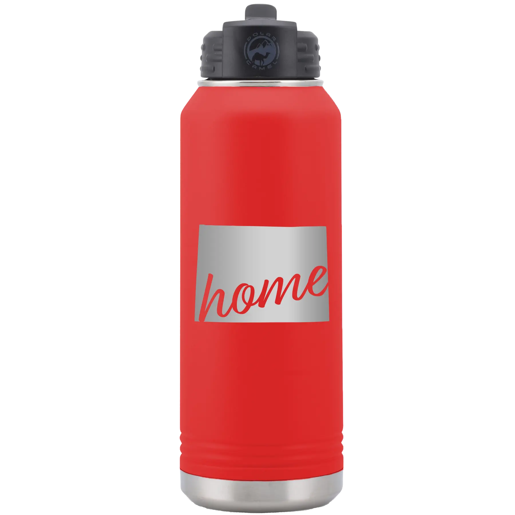 Laser etched red 32 oz vacuum insulated water bottle with 'Wyoming Home' design