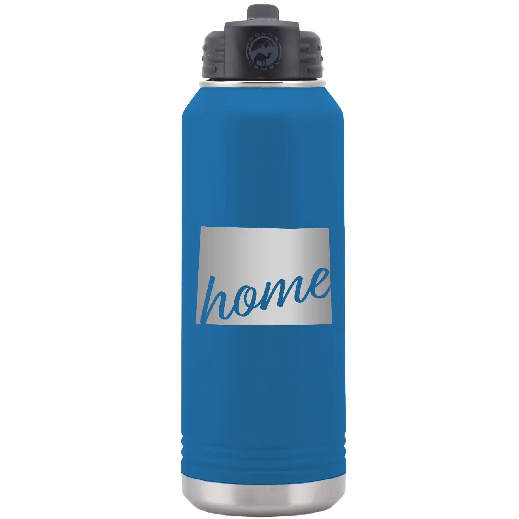 Laser etched royal blue 32 oz vacuum insulated water bottle with 'Wyoming Home' design