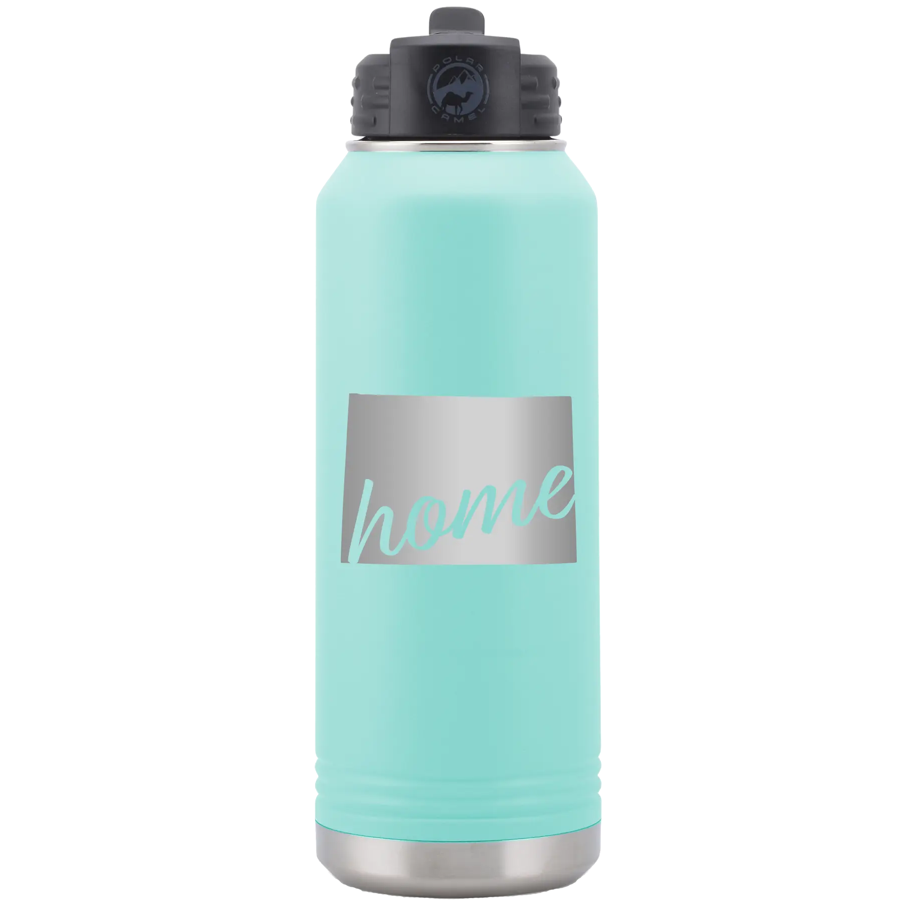 Laser etched teal 32 oz vacuum insulated water bottle with 'Wyoming Home' design