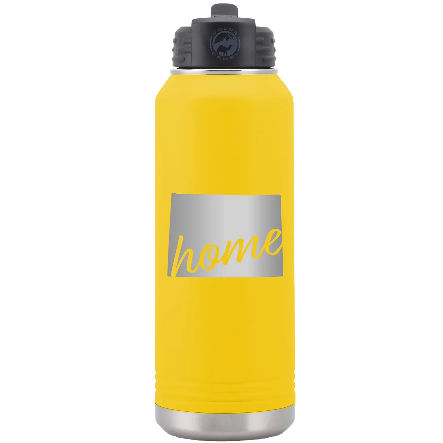 Laser etched yellow 32 oz vacuum insulated water bottle with 'Wyoming Home' design
