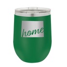Laser etched green 12 oz vacuum insulated wine cup with 'Wyoming Home' design