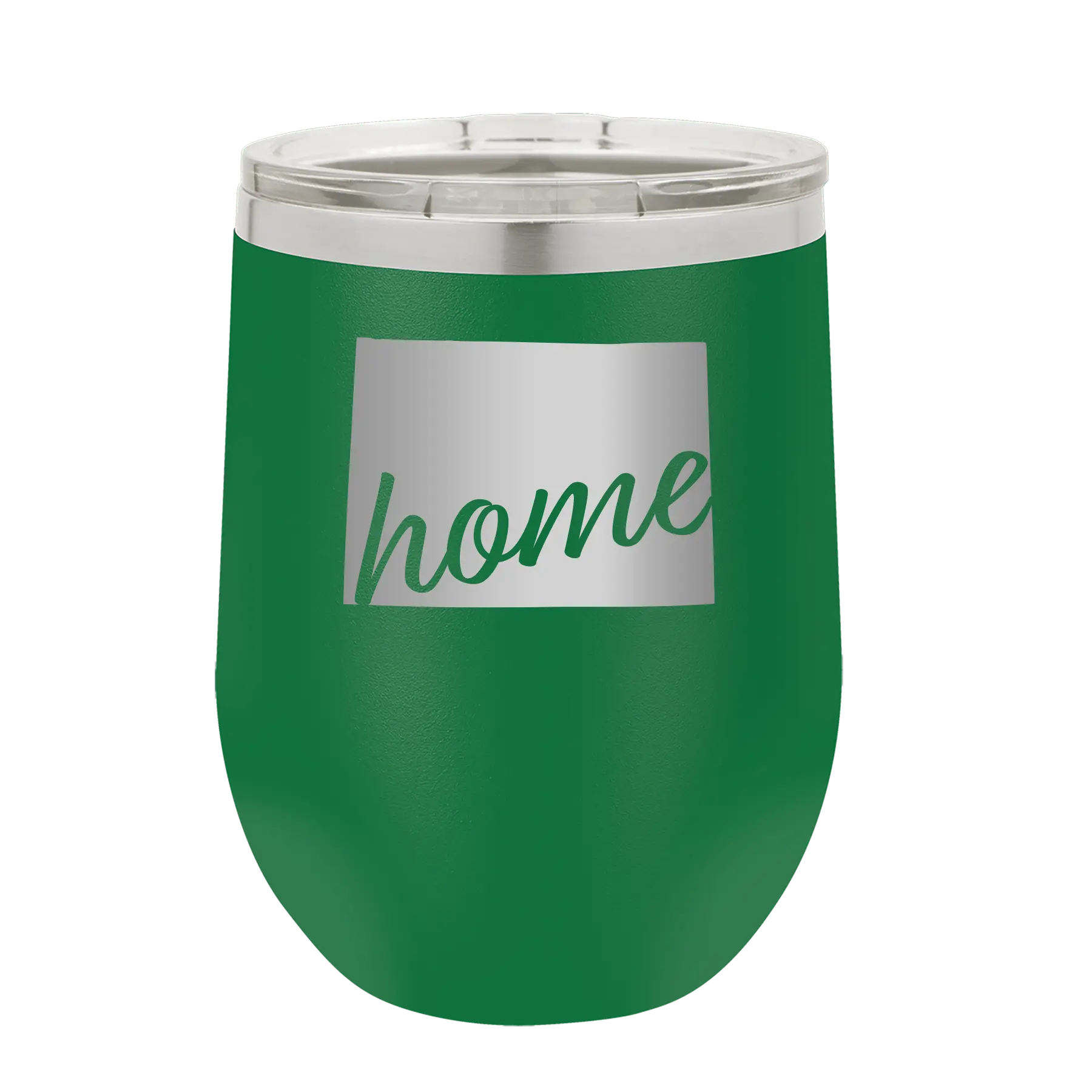 Laser etched green 12 oz vacuum insulated wine cup with 'Wyoming Home' design