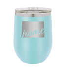 Laser etched light blue 12 oz vacuum insulated wine cup with 'Wyoming Home' design
