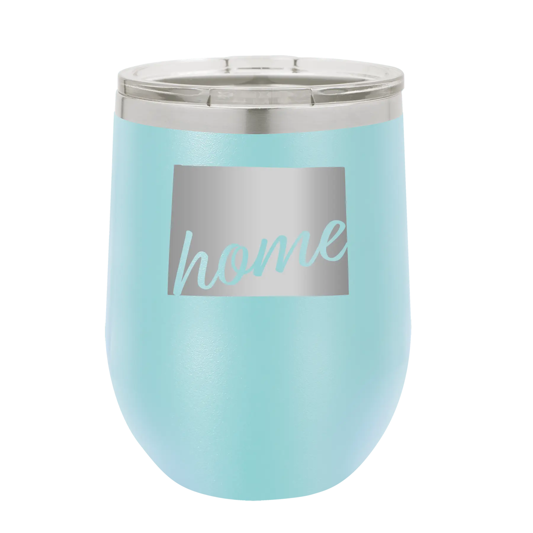 Laser etched light blue 12 oz vacuum insulated wine cup with 'Wyoming Home' design