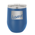 Laser etched royal blue 12 oz vacuum insulated wine cup with 'Wyoming Home' design