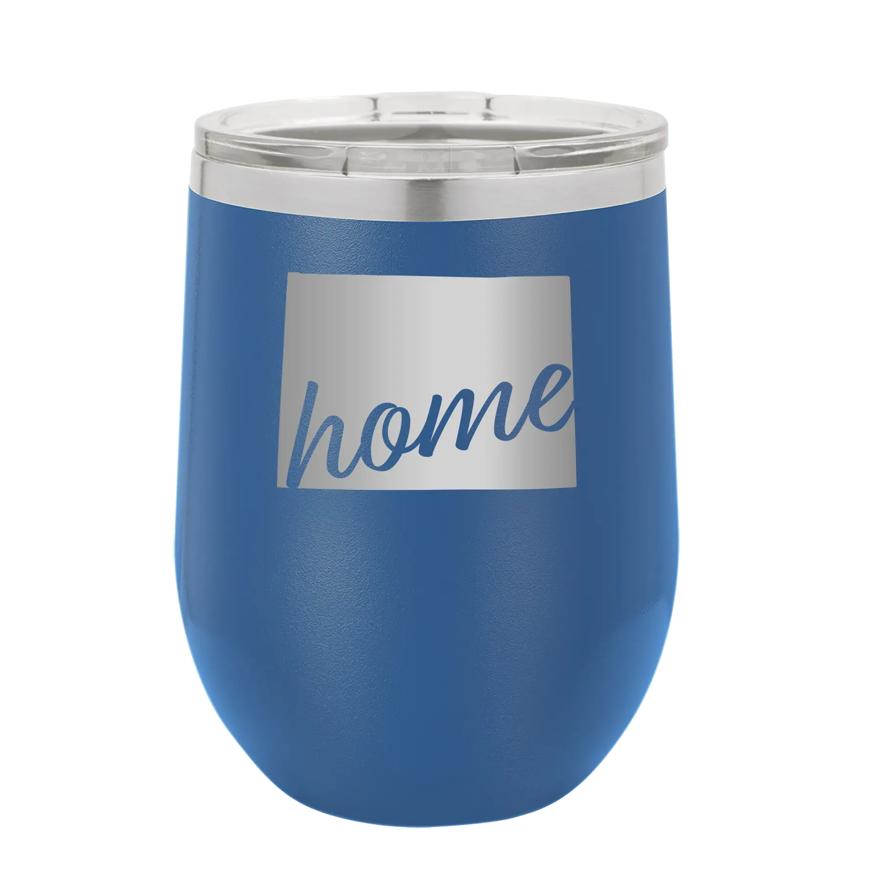 Laser etched royal blue 12 oz vacuum insulated wine cup with 'Wyoming Home' design