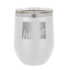 Laser etched white 12 oz vacuum insulated wine cup with 'Wyoming Home' design