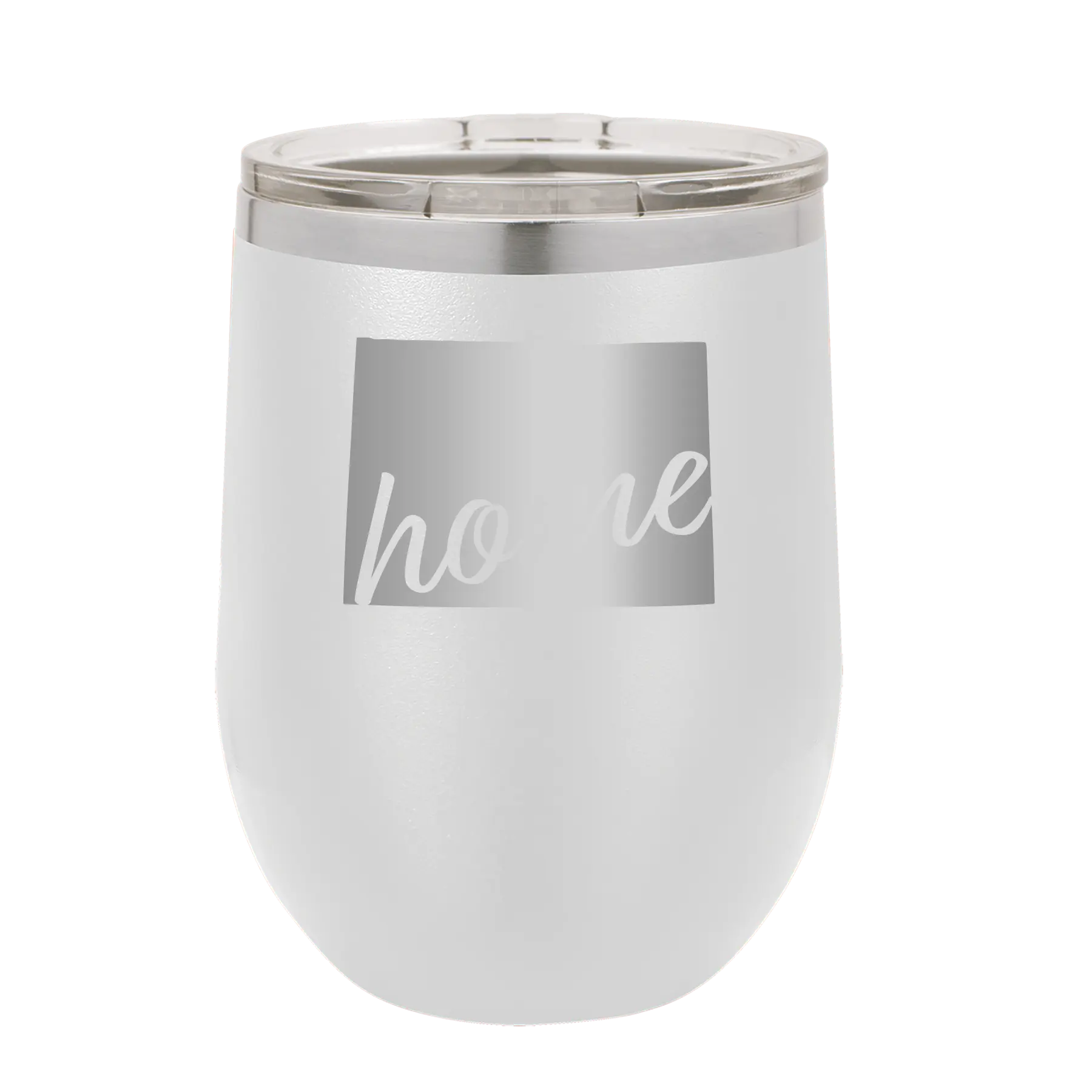Laser etched white 12 oz vacuum insulated wine cup with 'Wyoming Home' design