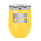 Laser etched yellow 12 oz vacuum insulated wine cup with 'Wyoming Home' design
