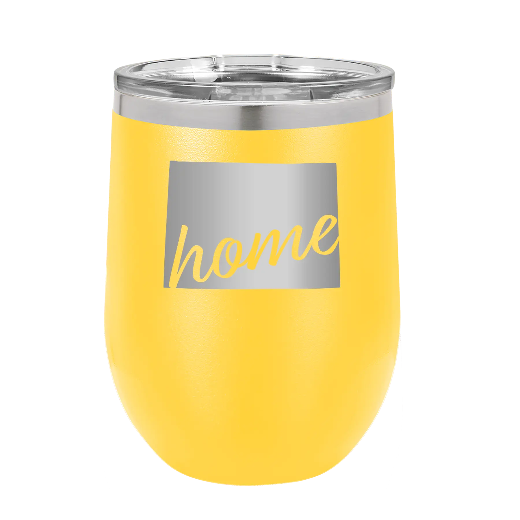 Laser etched yellow 12 oz vacuum insulated wine cup with 'Wyoming Home' design