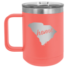 Laser etched coral 15 oz vacuum insulated coffee mug with 'South Carolina Home' design