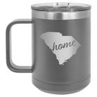 Laser etched dark gray 15 oz vacuum insulated coffee mug with 'South Carolina Home' design