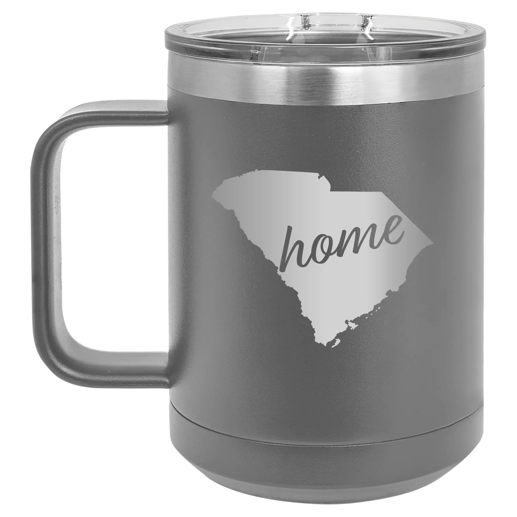Laser etched dark gray 15 oz vacuum insulated coffee mug with 'South Carolina Home' design