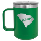 Laser etched green 15 oz vacuum insulated coffee mug with 'South Carolina Home' design