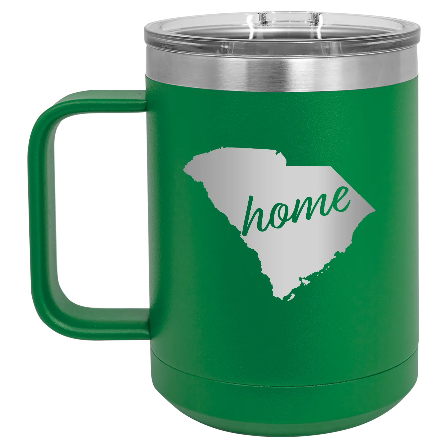 Laser etched green 15 oz vacuum insulated coffee mug with 'South Carolina Home' design