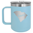 Laser etched light blue 15 oz vacuum insulated coffee mug with 'South Carolina Home' design