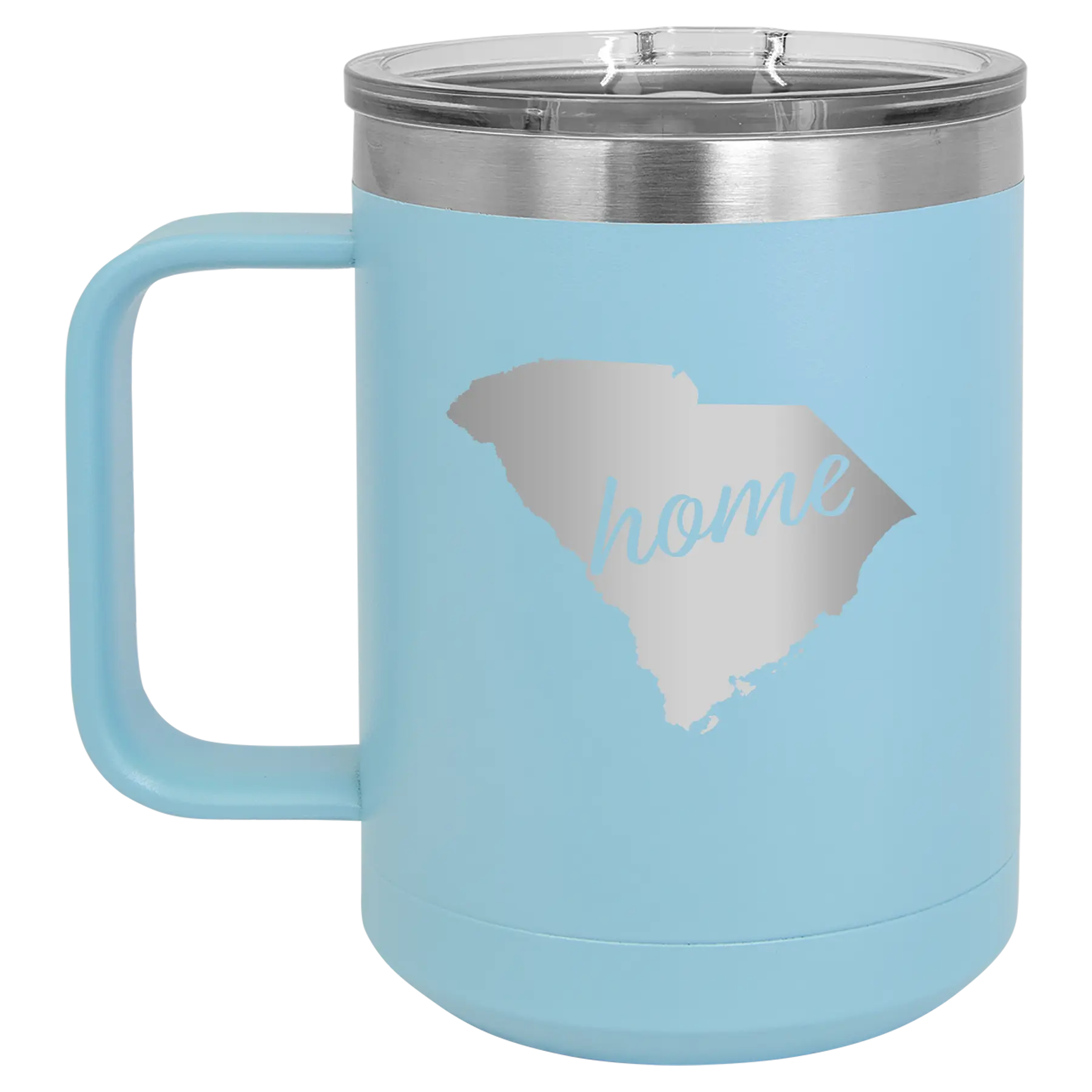 Laser etched light blue 15 oz vacuum insulated coffee mug with 'South Carolina Home' design