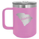 Laser etched light purple 15 oz vacuum insulated coffee mug with 'South Carolina Home' design