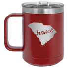 Laser etched maroon 15 oz vacuum insulated coffee mug with 'South Carolina Home' design