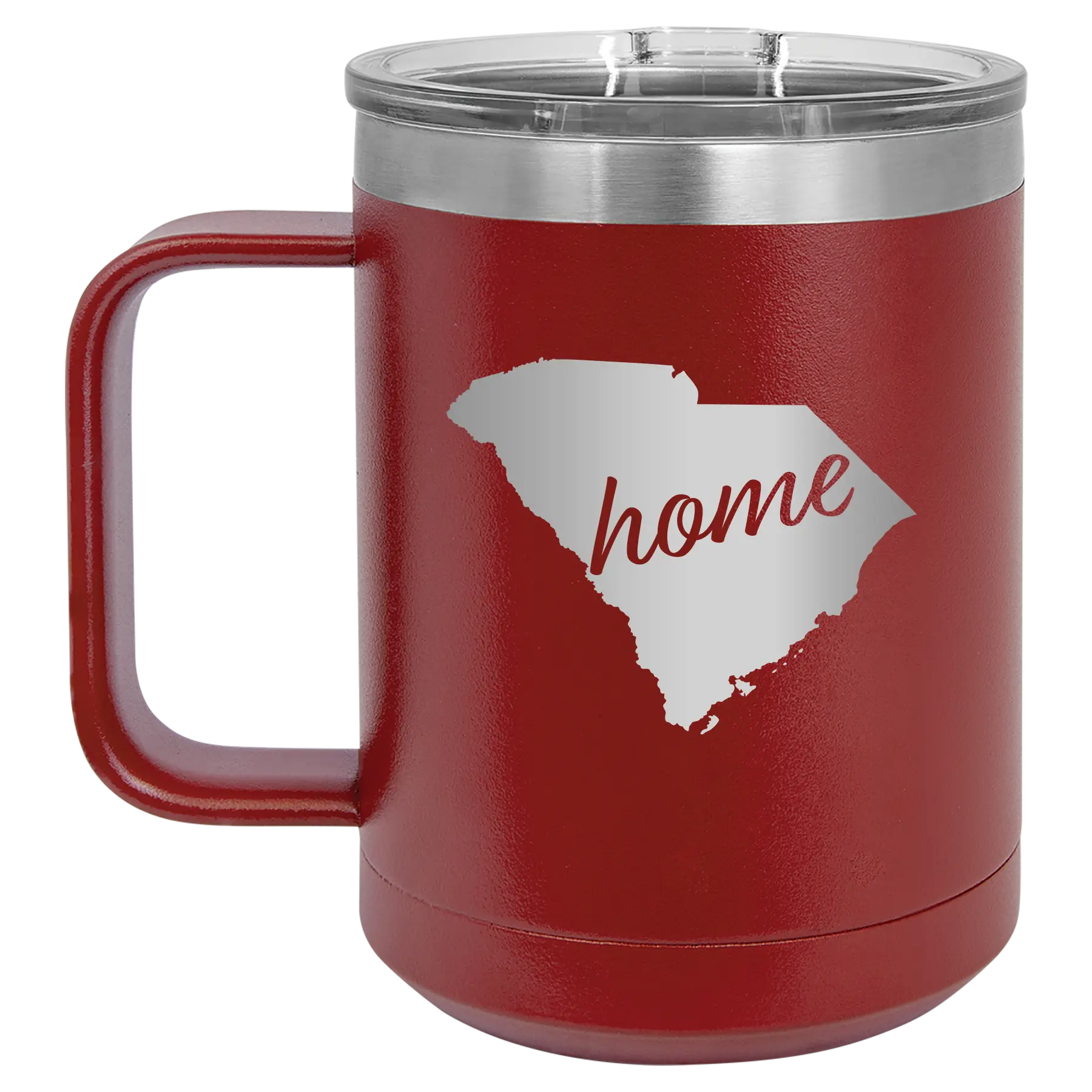 Laser etched maroon 15 oz vacuum insulated coffee mug with 'South Carolina Home' design