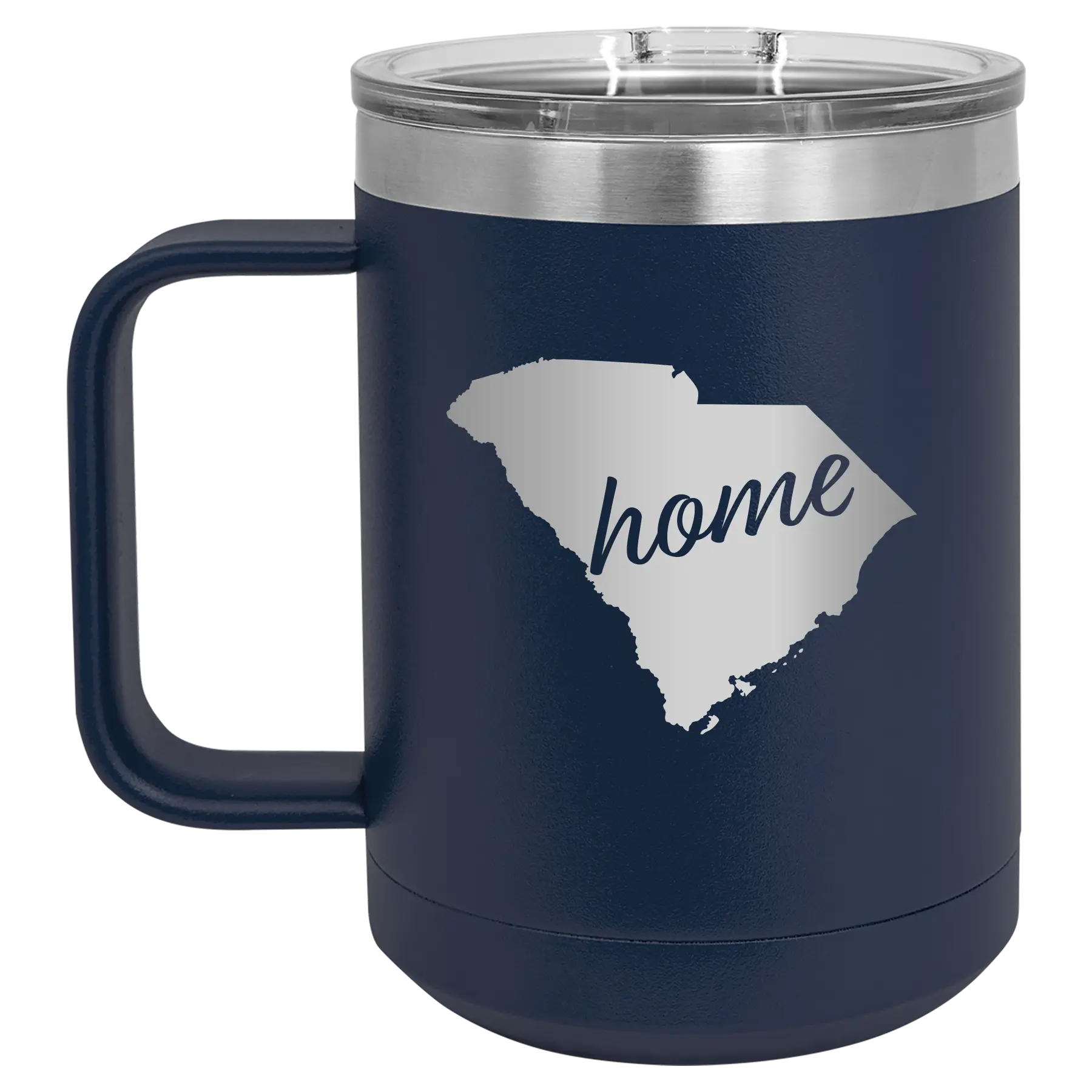 Laser etched navy 15 oz vacuum insulated coffee mug with 'South Carolina Home' design