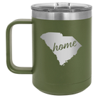 Laser etched olive green 15 oz vacuum insulated coffee mug with 'South Carolina Home' design
