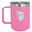 Laser etched pink 15 oz vacuum insulated coffee mug with 'South Carolina Home' design