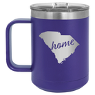 Laser etched purple 15 oz vacuum insulated coffee mug with 'South Carolina Home' design
