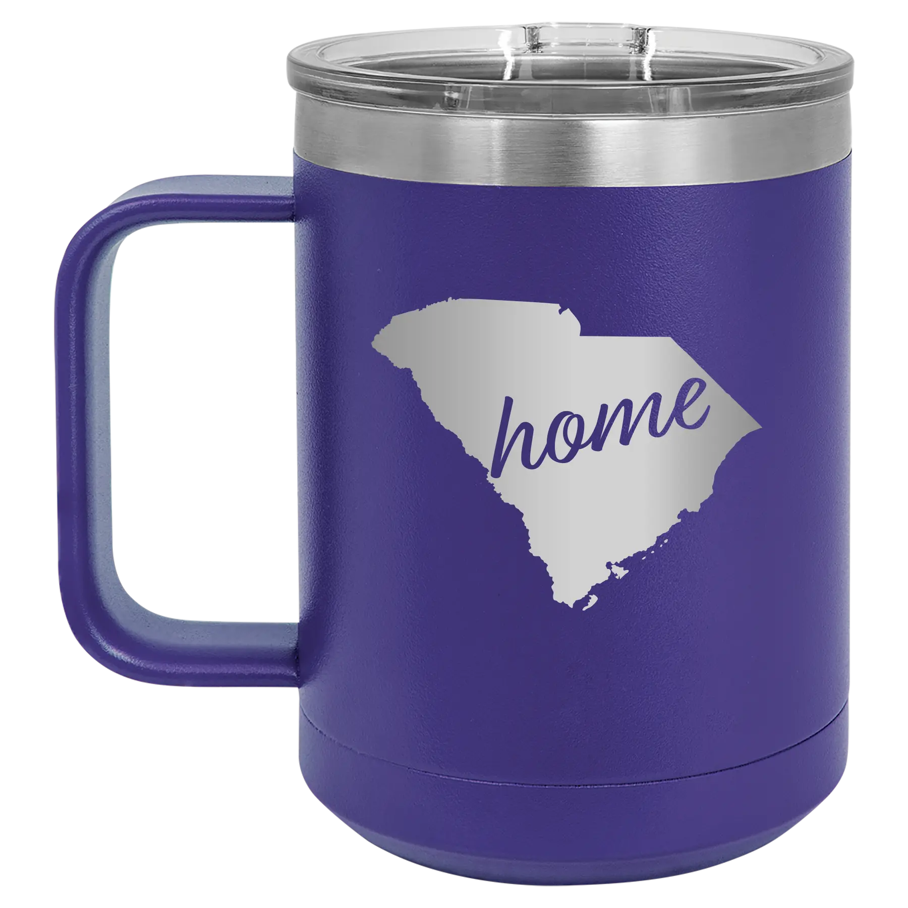 Laser etched purple 15 oz vacuum insulated coffee mug with 'South Carolina Home' design