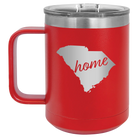 Laser etched red 15 oz vacuum insulated coffee mug with 'South Carolina Home' design