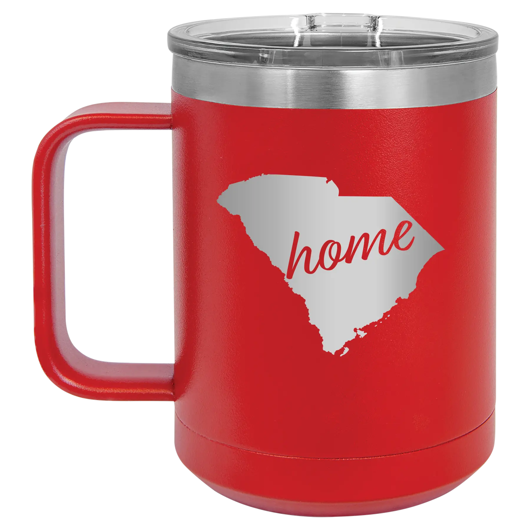 Laser etched red 15 oz vacuum insulated coffee mug with 'South Carolina Home' design