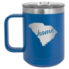 Laser etched royal blue 15 oz vacuum insulated coffee mug with 'South Carolina Home' design