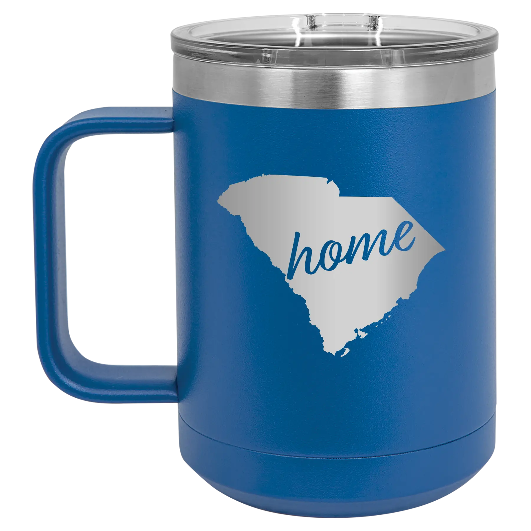 Laser etched royal blue 15 oz vacuum insulated coffee mug with 'South Carolina Home' design