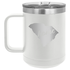 Laser etched white 15 oz vacuum insulated coffee mug with 'South Carolina Home' design