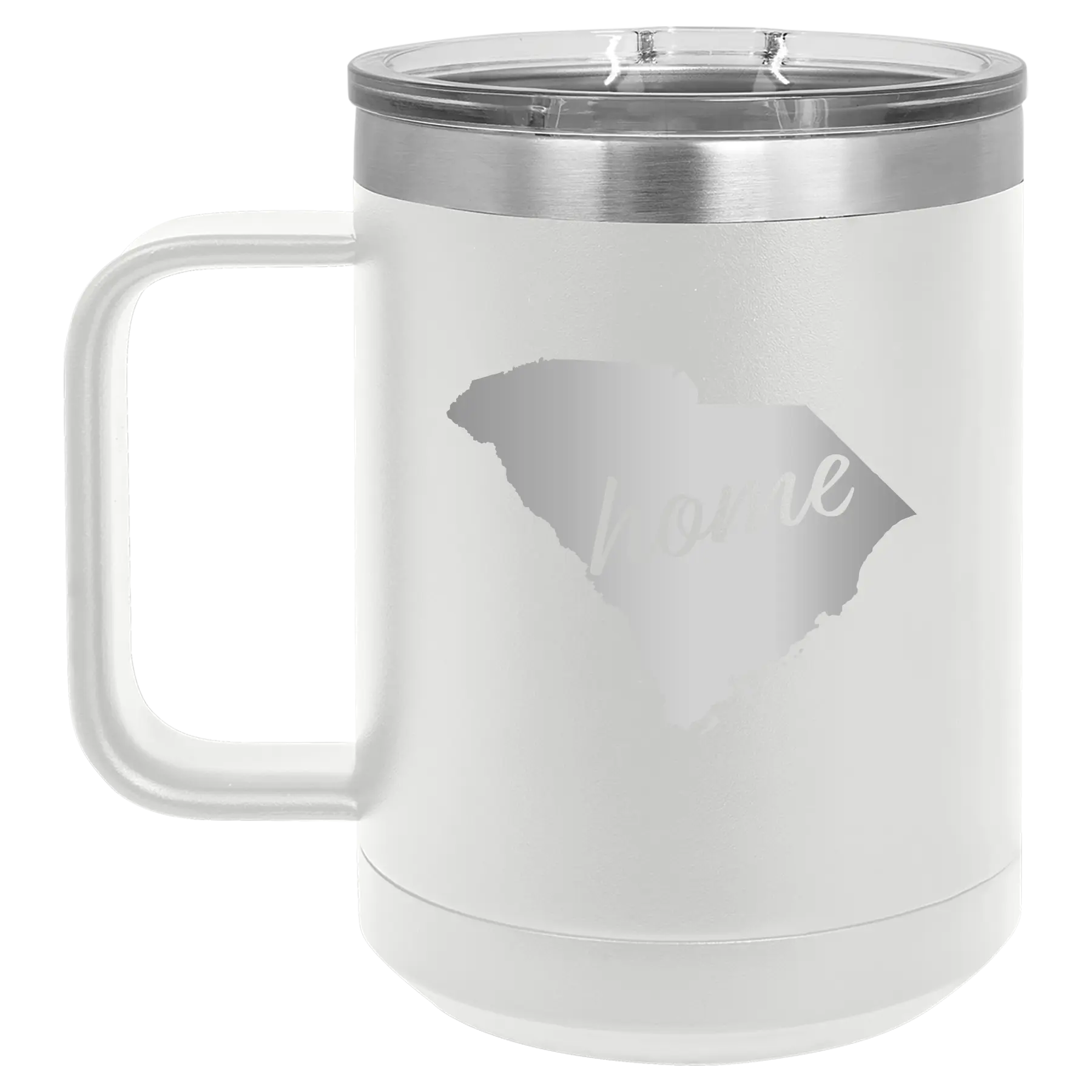 Laser etched white 15 oz vacuum insulated coffee mug with 'South Carolina Home' design