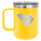 Laser etched yellow 15 oz vacuum insulated coffee mug with 'South Carolina Home' design