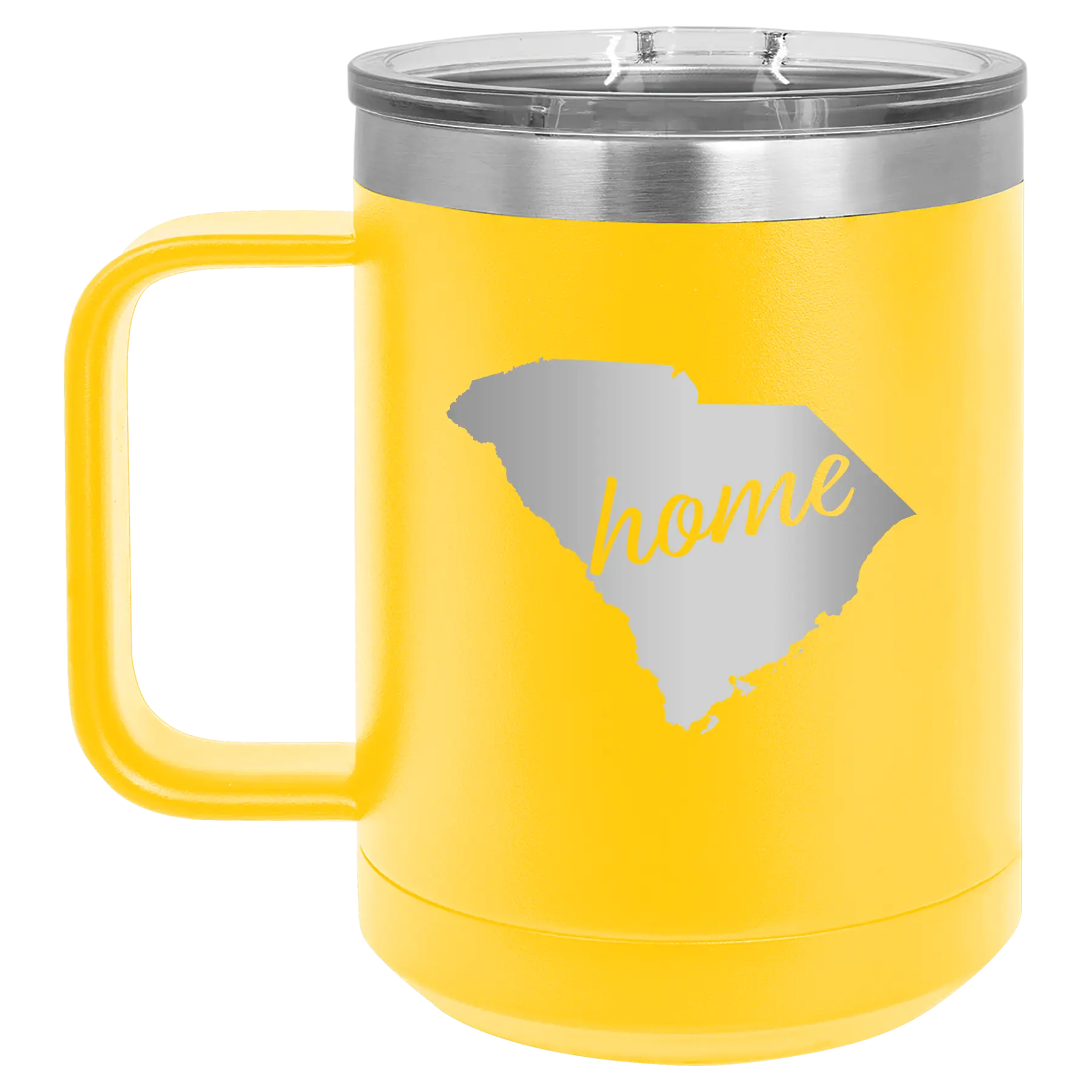Laser etched yellow 15 oz vacuum insulated coffee mug with 'South Carolina Home' design