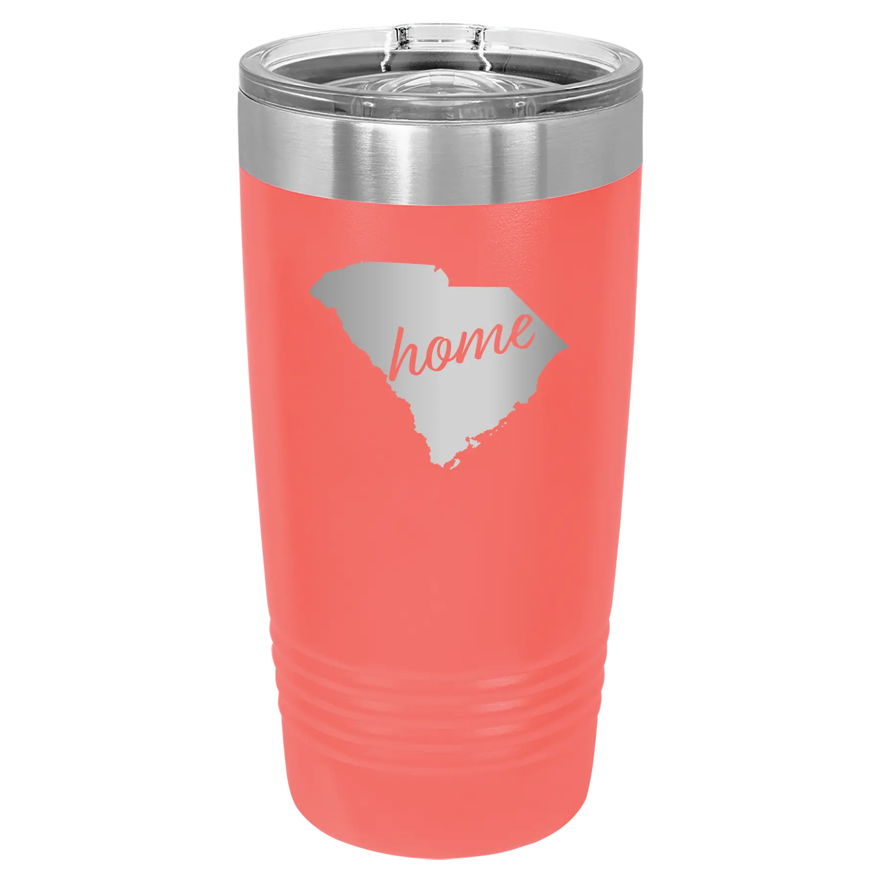 Laser etched coral 20 oz vacuum insulated tumbler with 'South Carolina Home' design