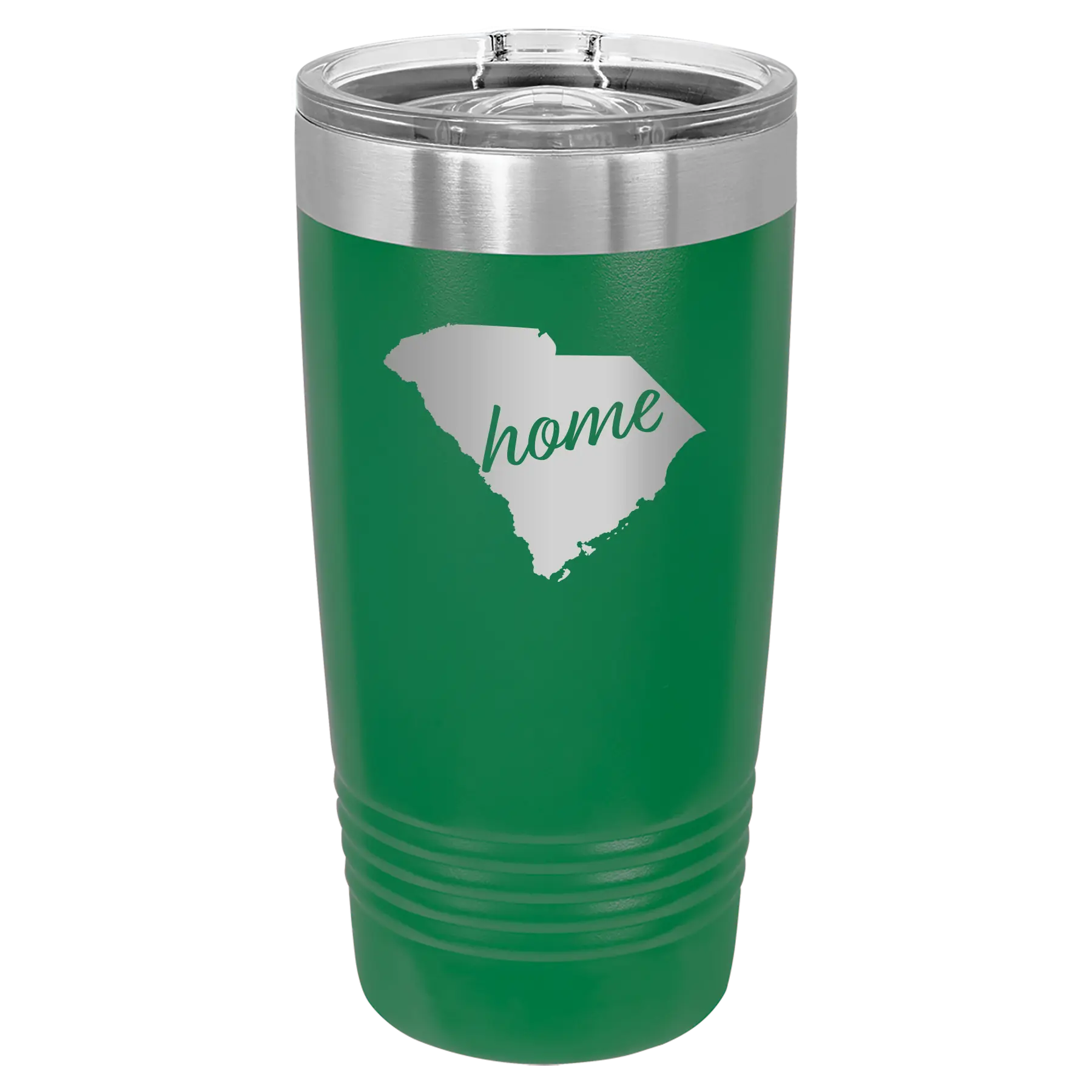 Laser etched green 20 oz vacuum insulated tumbler with 'South Carolina Home' design