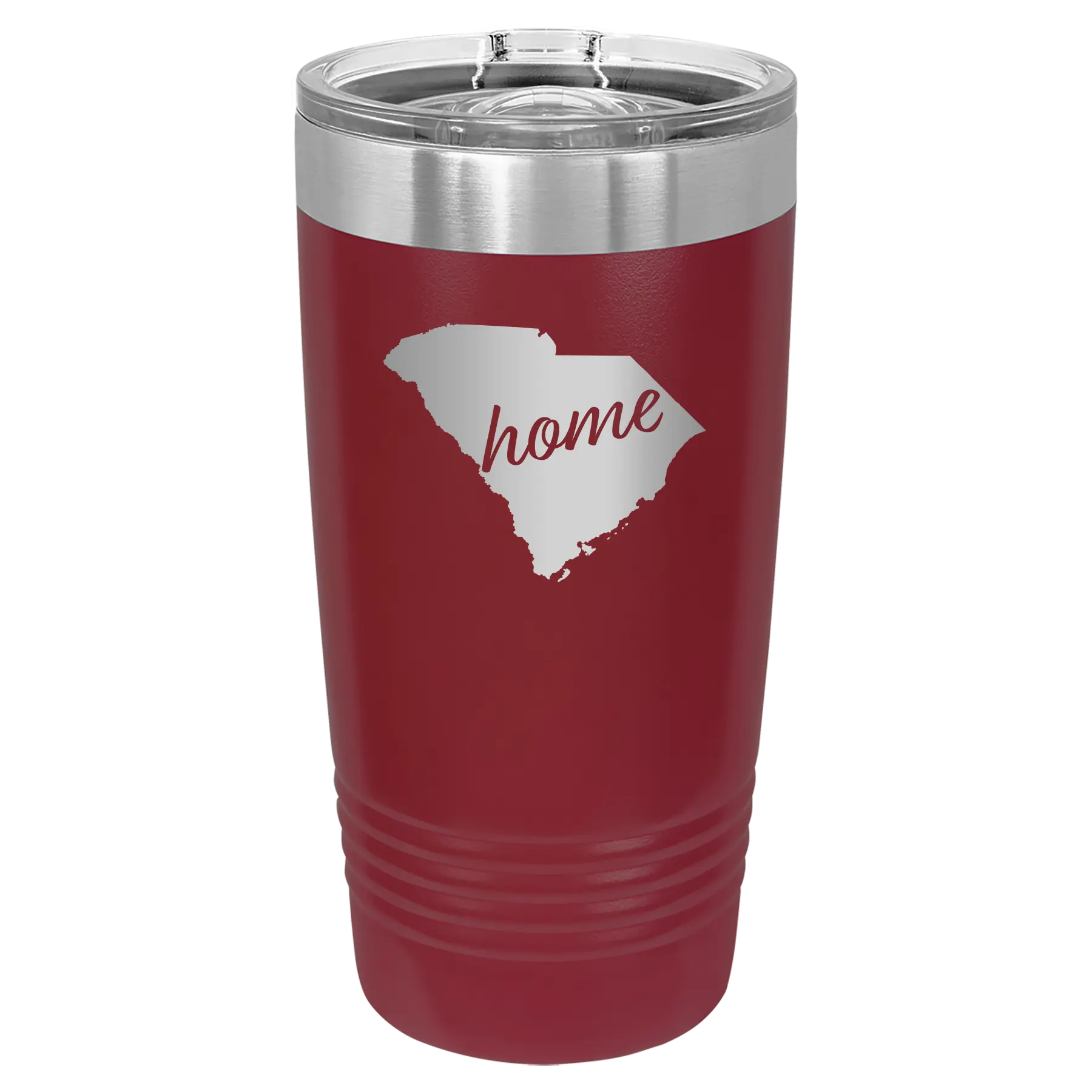 Laser etched maroon 20 oz vacuum insulated tumbler with 'South Carolina Home' design