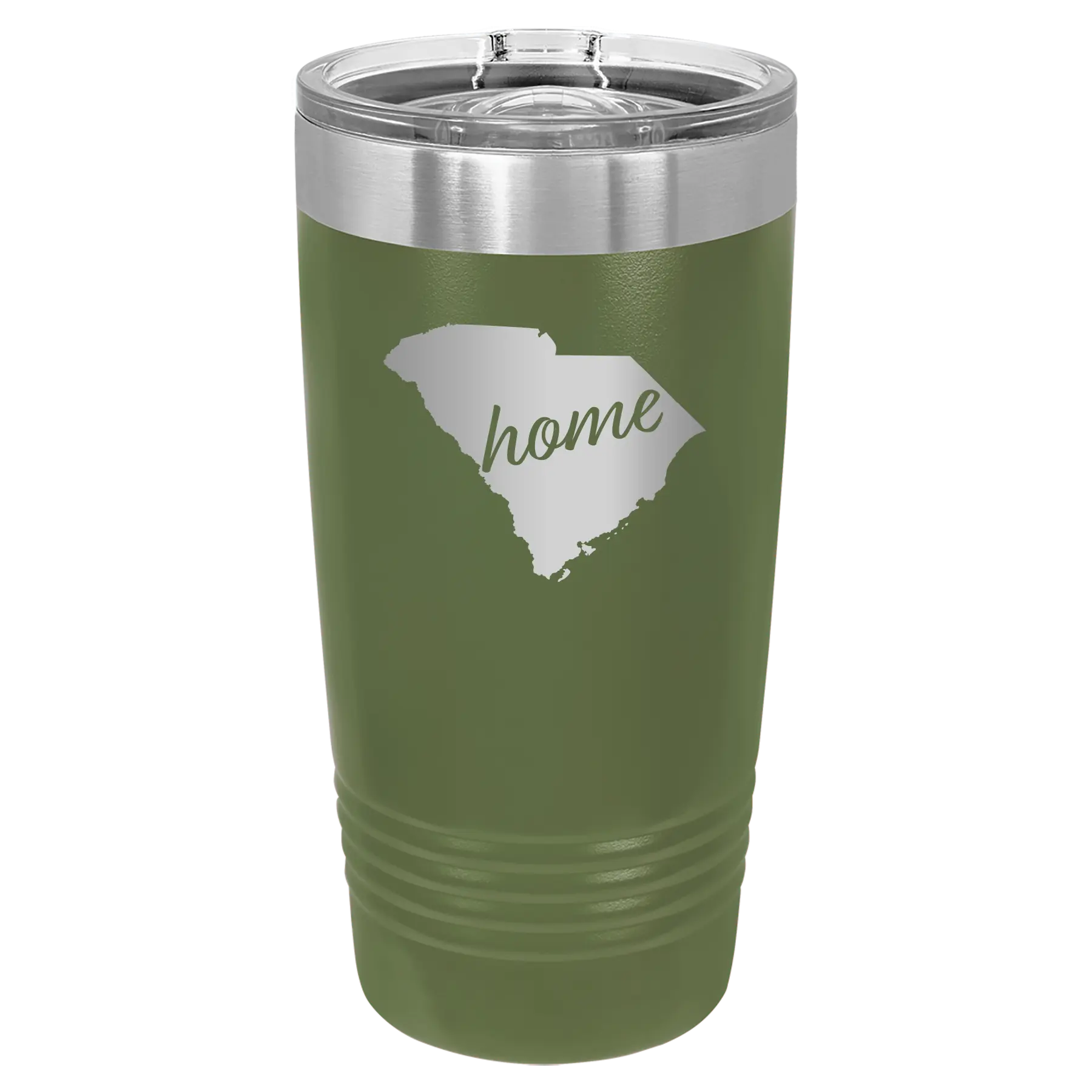 Laser etched olive green 20 oz vacuum insulated tumbler with 'South Carolina Home' design