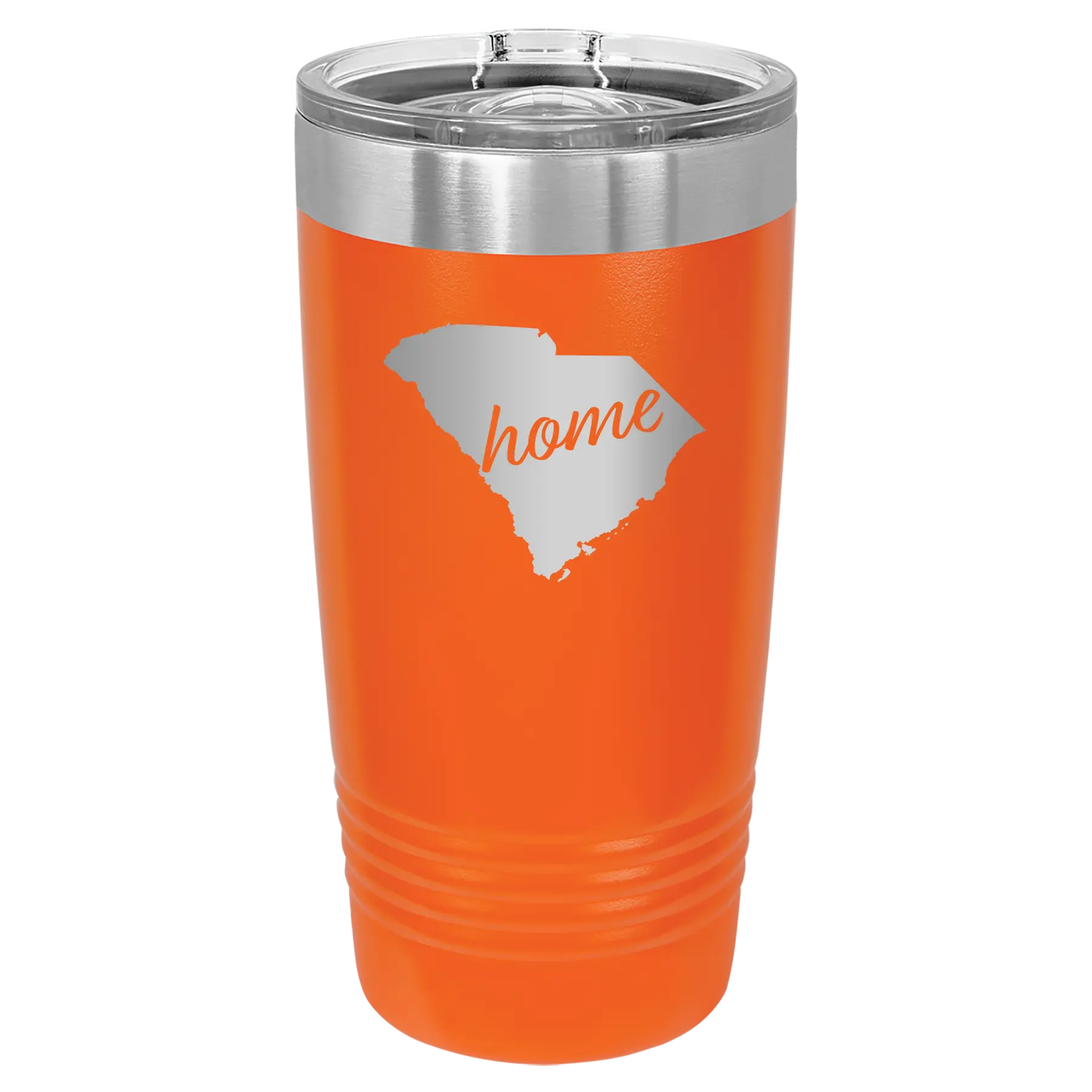 Laser etched orange 20 oz vacuum insulated tumbler with 'South Carolina Home' design