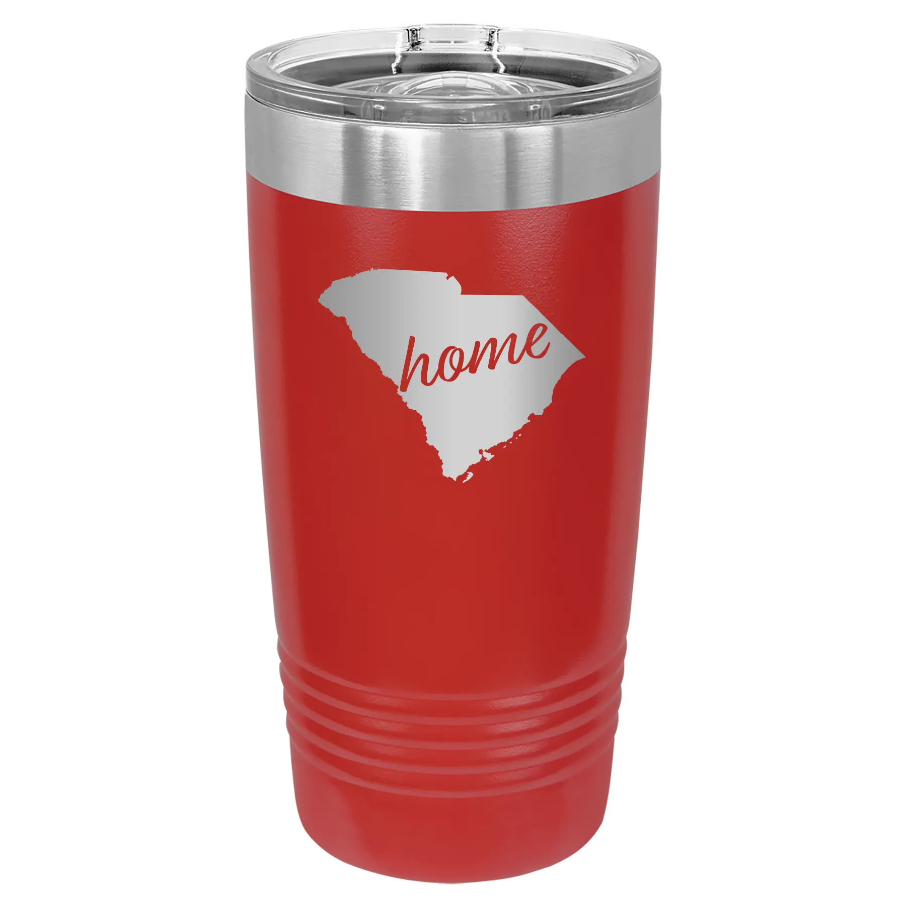 Laser etched red 20 oz vacuum insulated tumbler with 'South Carolina Home' design