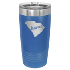 Laser etched royal blue 20 oz vacuum insulated tumbler with 'South Carolina Home' design