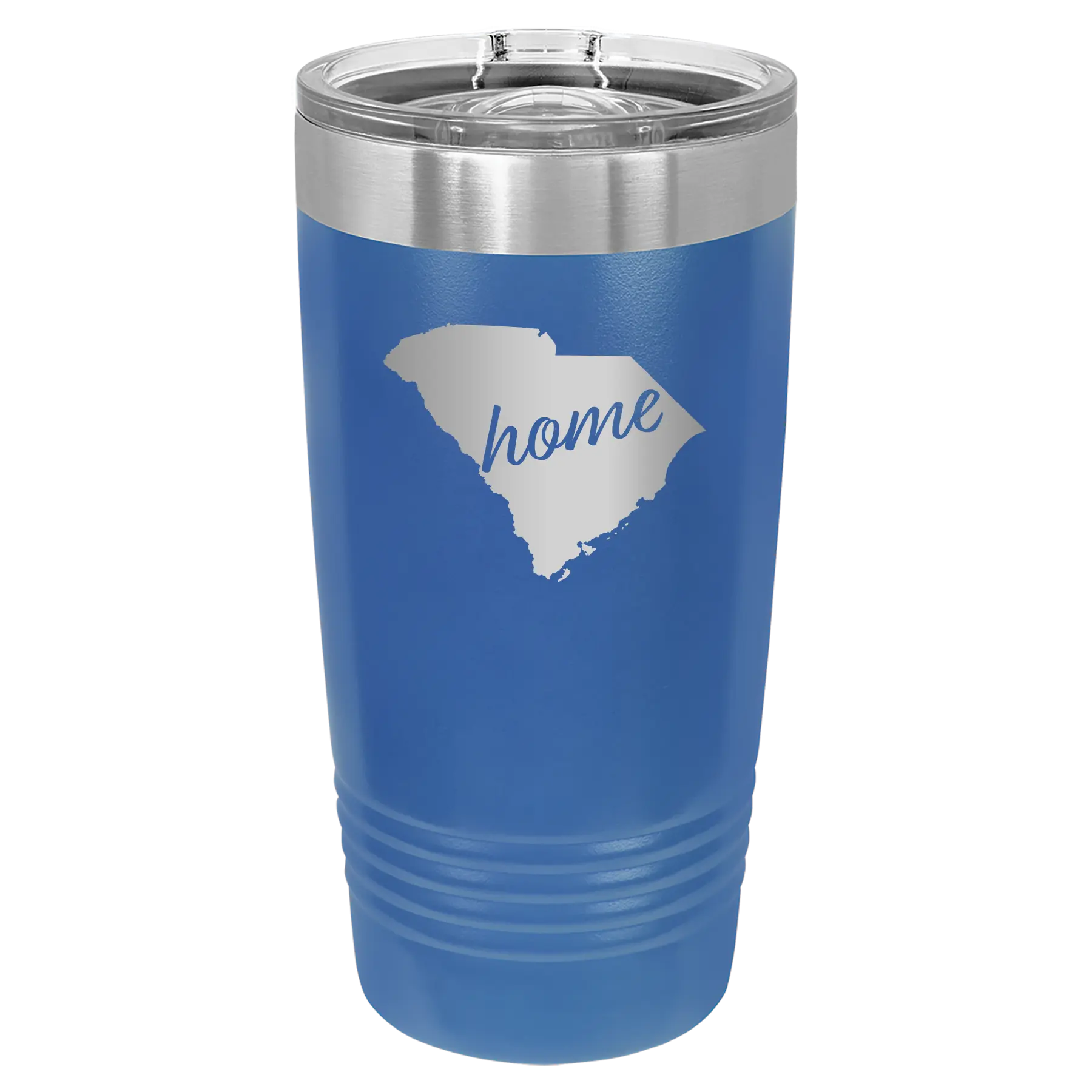 Laser etched royal blue 20 oz vacuum insulated tumbler with 'South Carolina Home' design