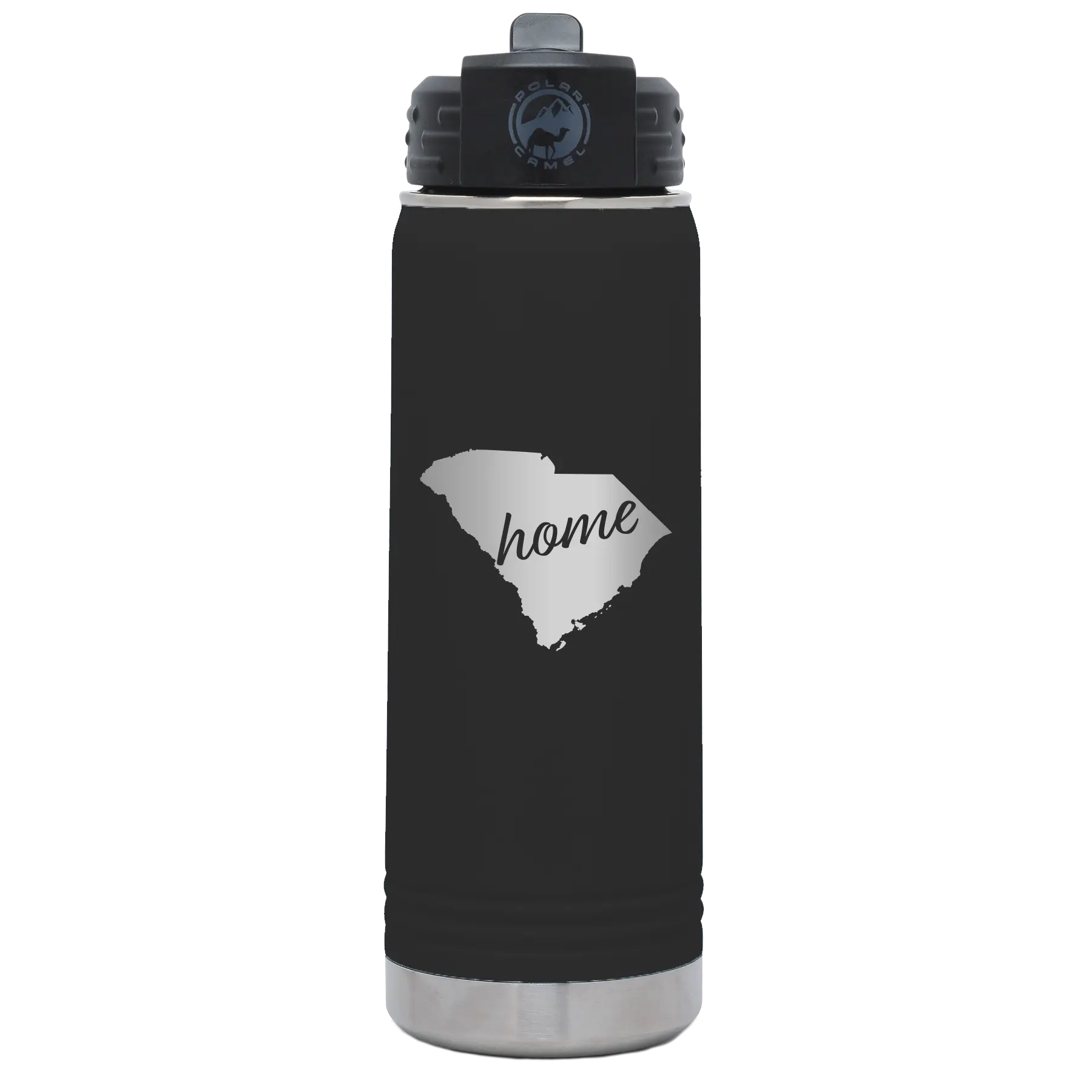 Laser etched black 20 oz vacuum insulated water bottle with 'South Carolina Home' design